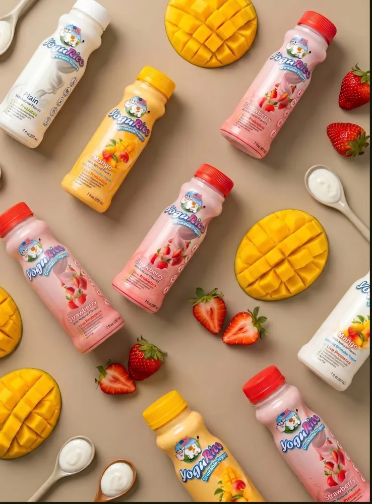 YoguRico 7 oz drinkable yogurt bottles — Plain, Mango and Strawberry — with fresh mango and strawberries