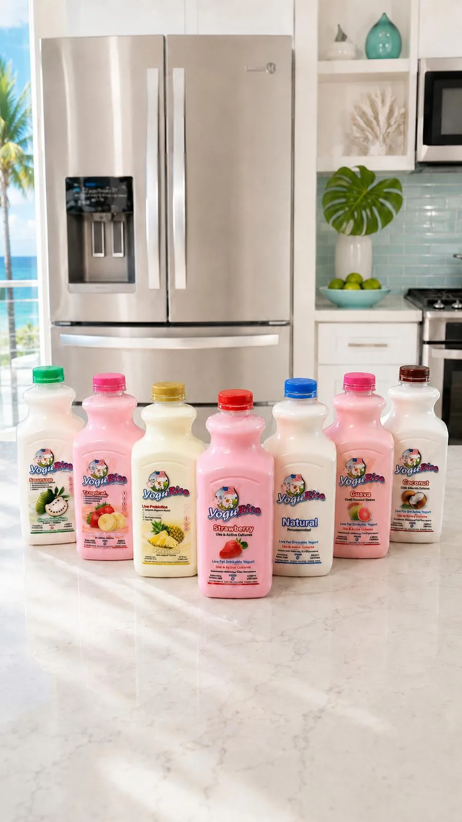 YoguRico drinkable yogurt bottles on a marble kitchen counter with an ocean view